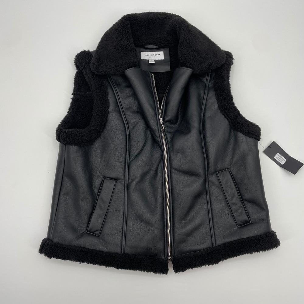 Marc New York Jeans Womens 1X Faux Leather Shearling‎ Moto Vest Black MJ5WJ363